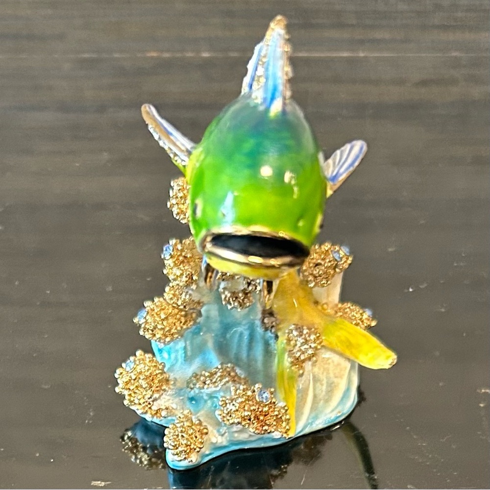 Jeweled Enamel Mahi Mahi Fish Hinged Trinket Box Figurine Blue & Green - Picture 3 of 6